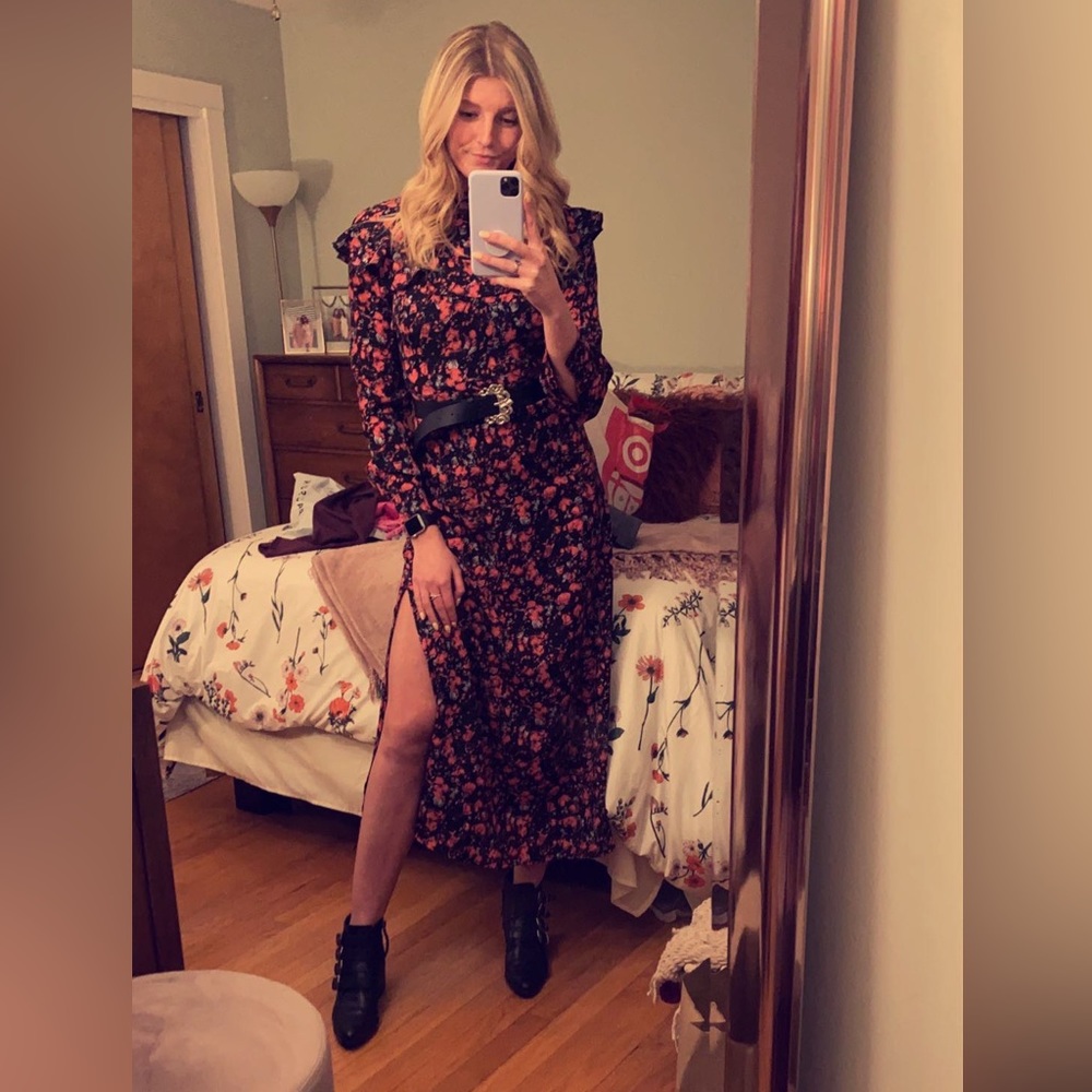 Long sleeve black and pink floral midi dress